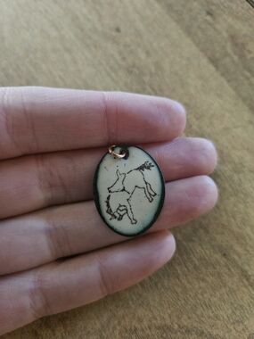 Hand-Stamped Ceramic Horse Pendant in Cream and Teal
